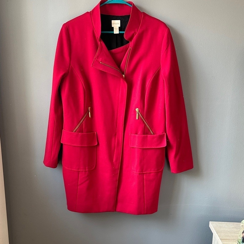 Chicos sleek Ponte knit zip up jacket with gold hardware size large
size 2